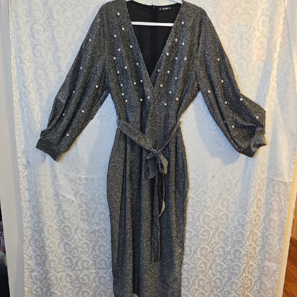 Shein 3XL Gray Long Puffy Sleeve Dress with Pearl Details